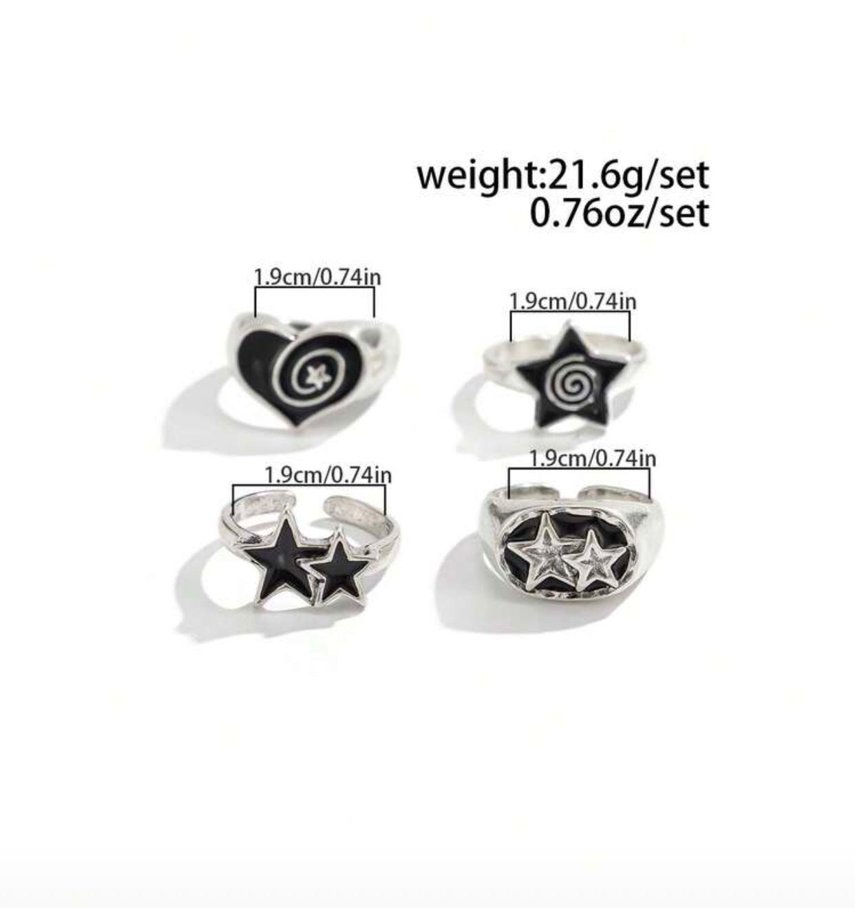 ROMWE Goth 4pcs/Set Punk Style Spiral Star Rings, Adjustable Ring Set For Couples