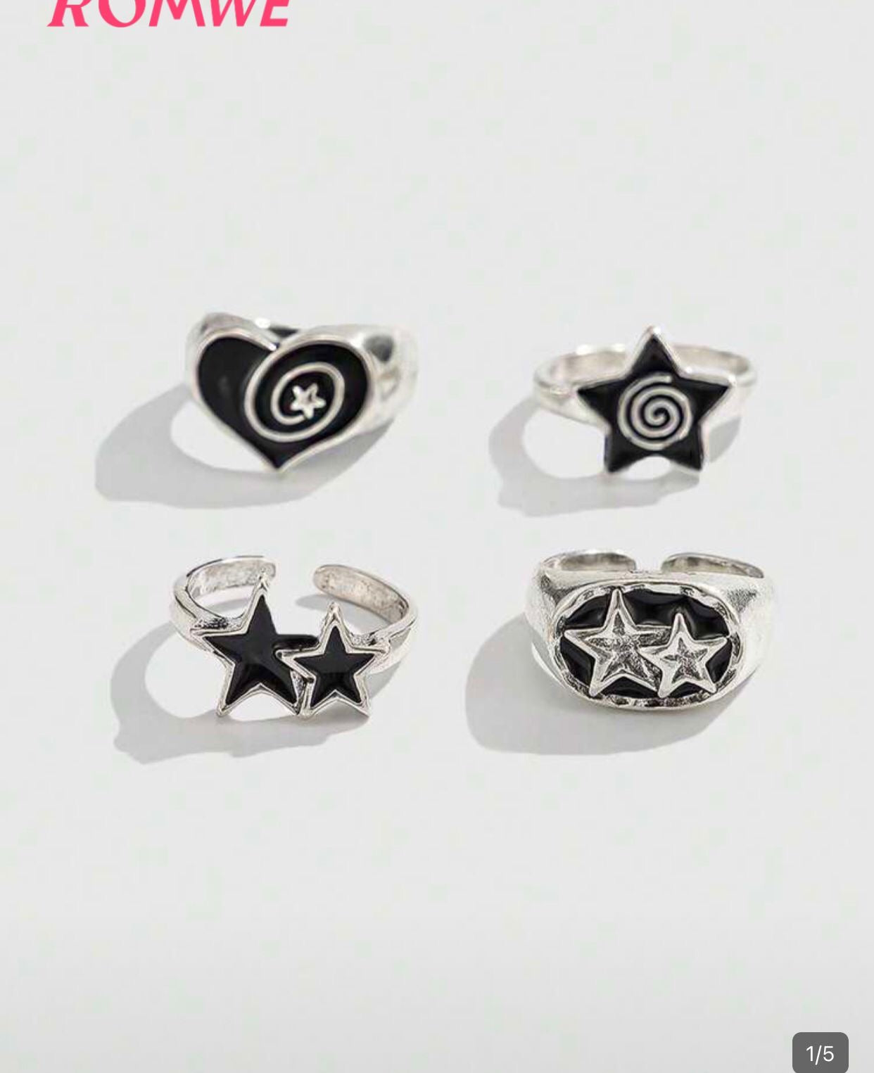 ROMWE Goth 4pcs/Set Punk Style Spiral Star Rings, Adjustable Ring Set For Couples